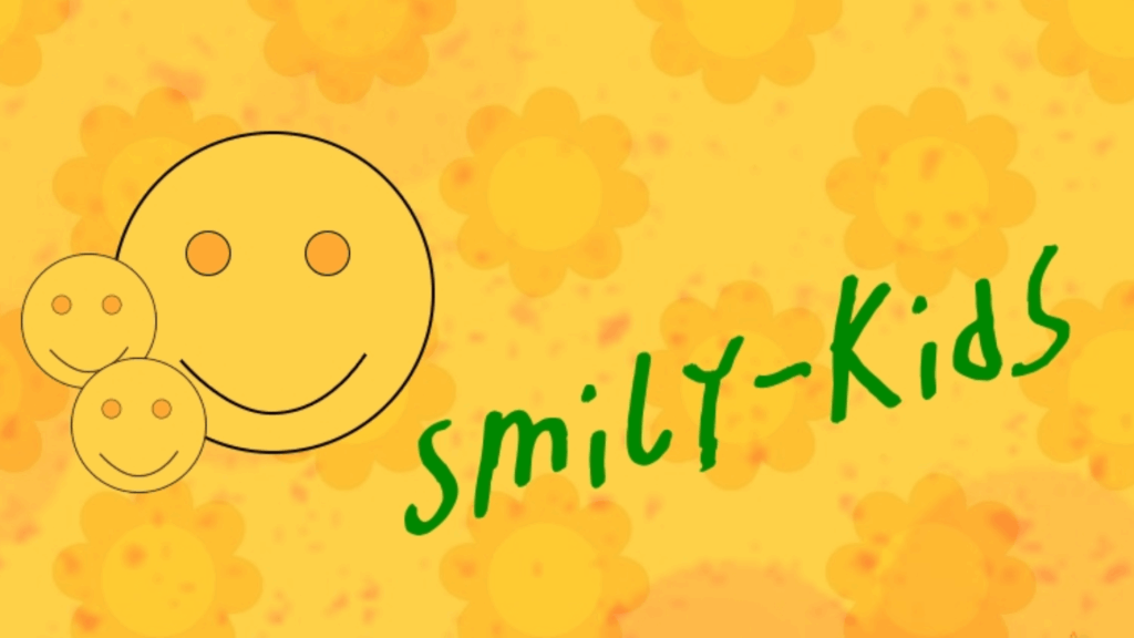 Gelber Hintergrund mit einem floralen Muster. Auf der linken Seite sind drei gelbe Smiley-Gesichter vertikal übereinander angeordnet. Rechts daneben steht in grüner Schrift der Text ‚smily-Kids‘.