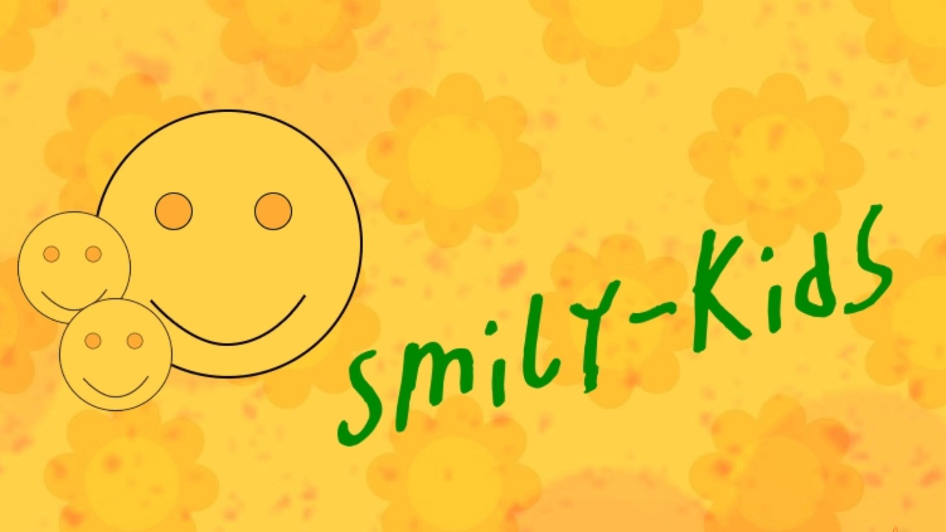 Gelber Hintergrund mit einem floralen Muster. Auf der linken Seite sind drei gelbe Smiley-Gesichter vertikal übereinander angeordnet. Rechts daneben steht in grüner Schrift der Text ‚smily-Kids‘.