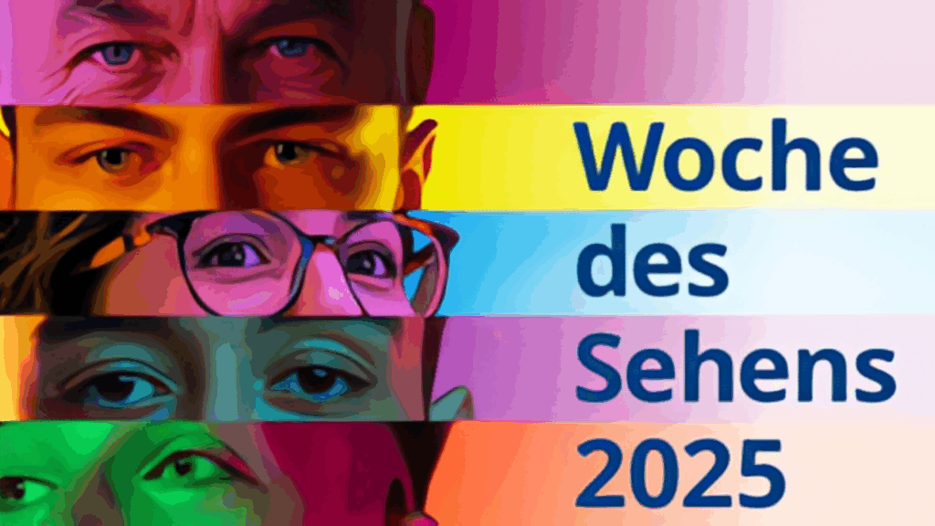 Vier Augenpaare von unterschiedlichen Personen sind horizontal übereinander angeordnet und farbig beleuchtet: oben lila, darunter gelb, blau und grün. Rechts daneben steht „Woche des Sehens 2025“ in blauer Schrift auf einem Farbverlauf von gelb über blau zu rosa.