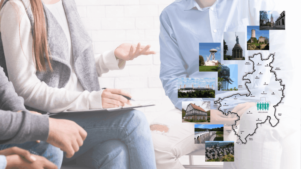 Personen sitzen in einer Gesprächsrunde; im Vordergrund sind Hände und ein Schreibblock zu sehen. Rechts im Bild befindet sich eine Landkarte von Nordrhein‑Westfalen mit mehreren kleinen Fotos typischer regionaler Sehenswürdigkeiten.