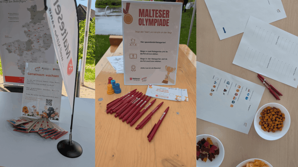 Mehrere Eindrücke einer Mitmachveranstaltung der Malteser: Kreativangebot zum Bemalen von Stofftaschen, gemeinsames Anschauen eines Films, gemeinsames Essen, Informations- und Mitmachstände sowie ein Quiz- und Spielangebot. Die Bilder zeigen verschiedene Möglichkeiten zum gemeinsamen Austausch und Mitmachen.