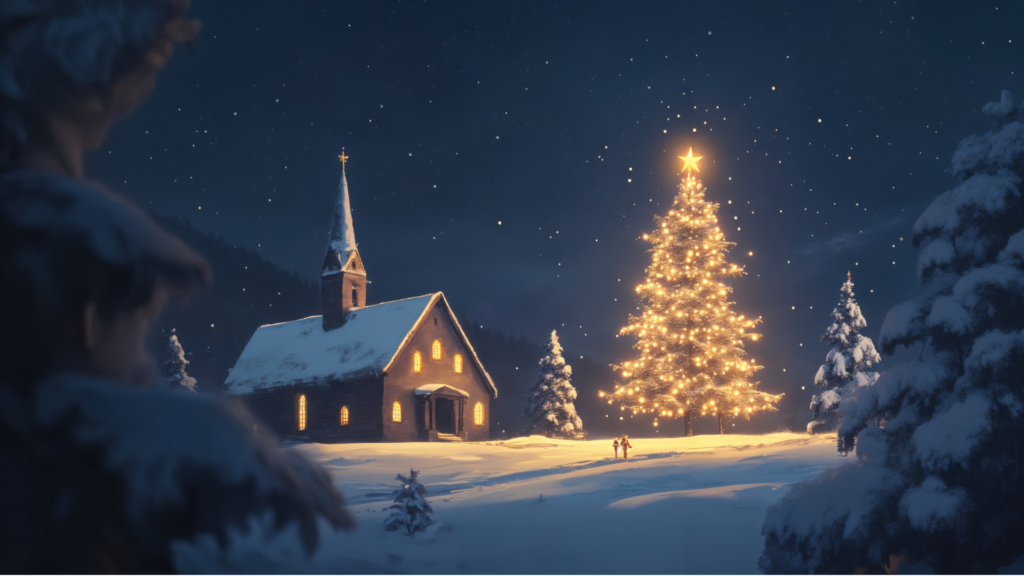 Eine Kirche und ein beleuchteter Weihnachtsbaum in einer schneebedeckten Landschaft. Das Bild ist in einem Malstil gehalten.