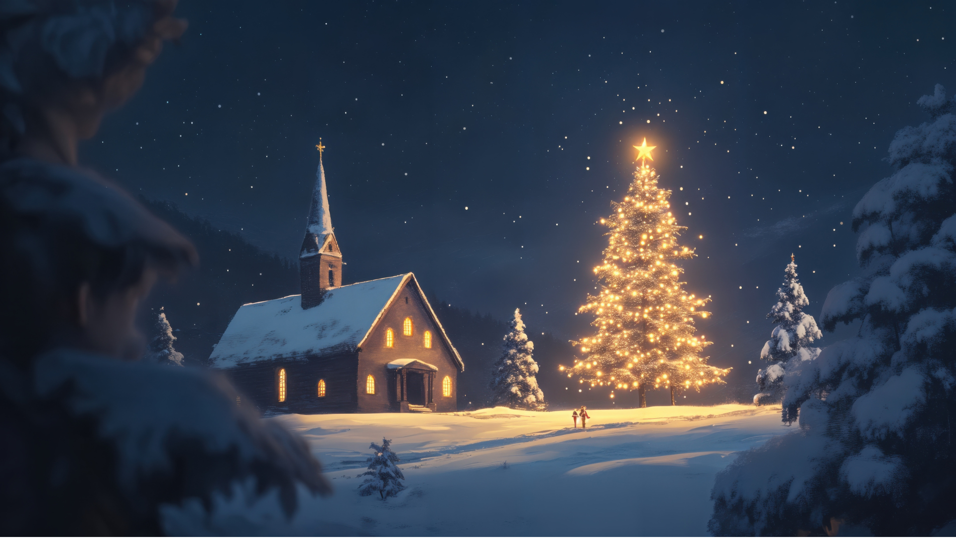Eine Kirche und ein beleuchteter Weihnachtsbaum in einer schneebedeckten Landschaft. Das Bild ist in einem Malstil gehalten.