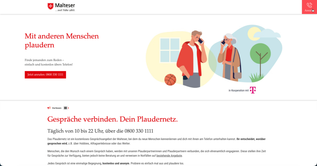 Webseite des Malteser‑Plaudernetzes. Oben steht „Mit anderen Menschen plaudern“ mit einem Button zur Telefonnummer 0800 330 1111. Daneben eine Illustration zweier Personen, die miteinander telefonieren. Weiter unten folgt Text, der erklärt, dass das Plaudernetz täglich von 10 bis 22 Uhr kostenlose Gespräche mit freiwilligen Plauderpartner*innen anbietet.