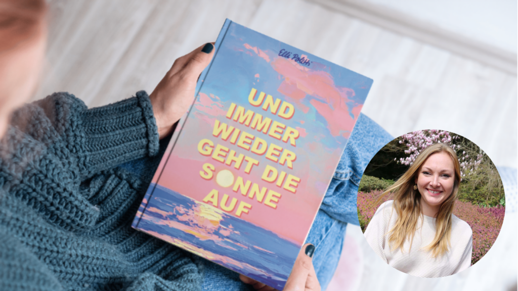 Person hält ein Buch mit dem Titel „Und immer wieder geht die Sonne auf“ in den Händen; rechts daneben ein rundes Porträtfoto einer Person im Freien.
