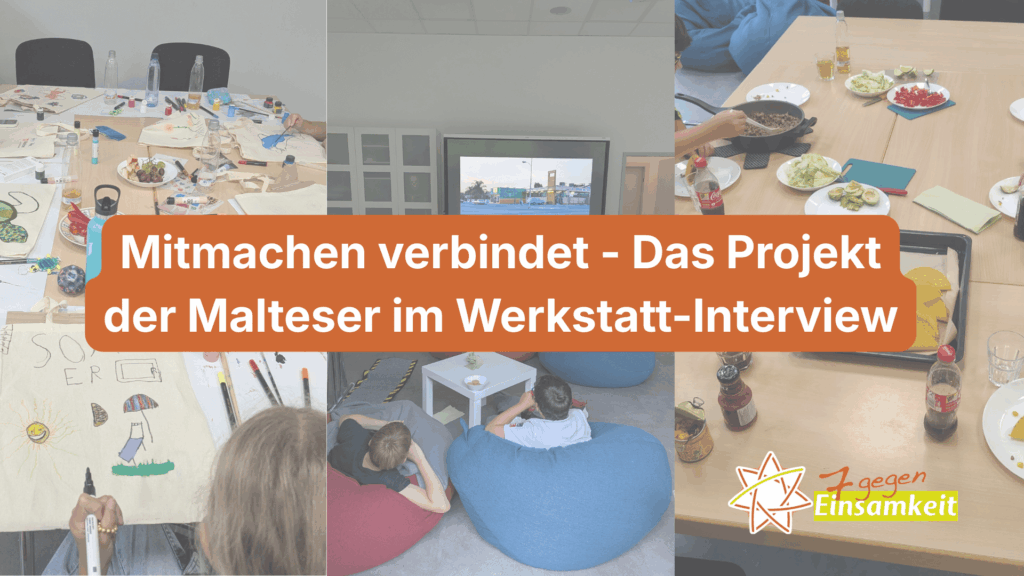 Collage aus sechs Fotos einer Malteser-Veranstaltung: Gestalten von Stofftaschen mit Farben und Stiften an einem Tisch, gemeinsame Filmvorführung auf Sitzsäcken, gemeinsames Essen an einem Tisch mit Tacos und Zutaten, Informationsstand mit Saatguttüten und Flyer „Gemeinsam wachsen“, Spielstation „Malteser Olympiade“ sowie ein Tisch mit Quizunterlagen und Snacks.